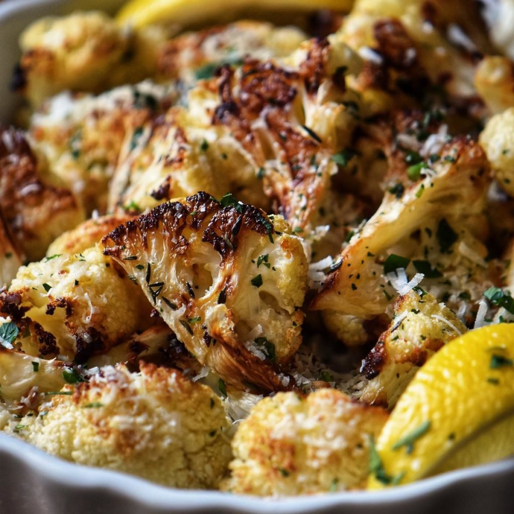 Parmesan Roasted Cauliflower in a white ceramic dish.