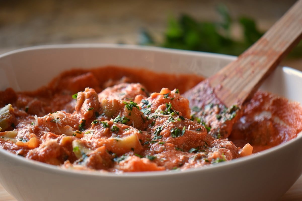 A big bowl of tortellini with ricotta tomato sauce.