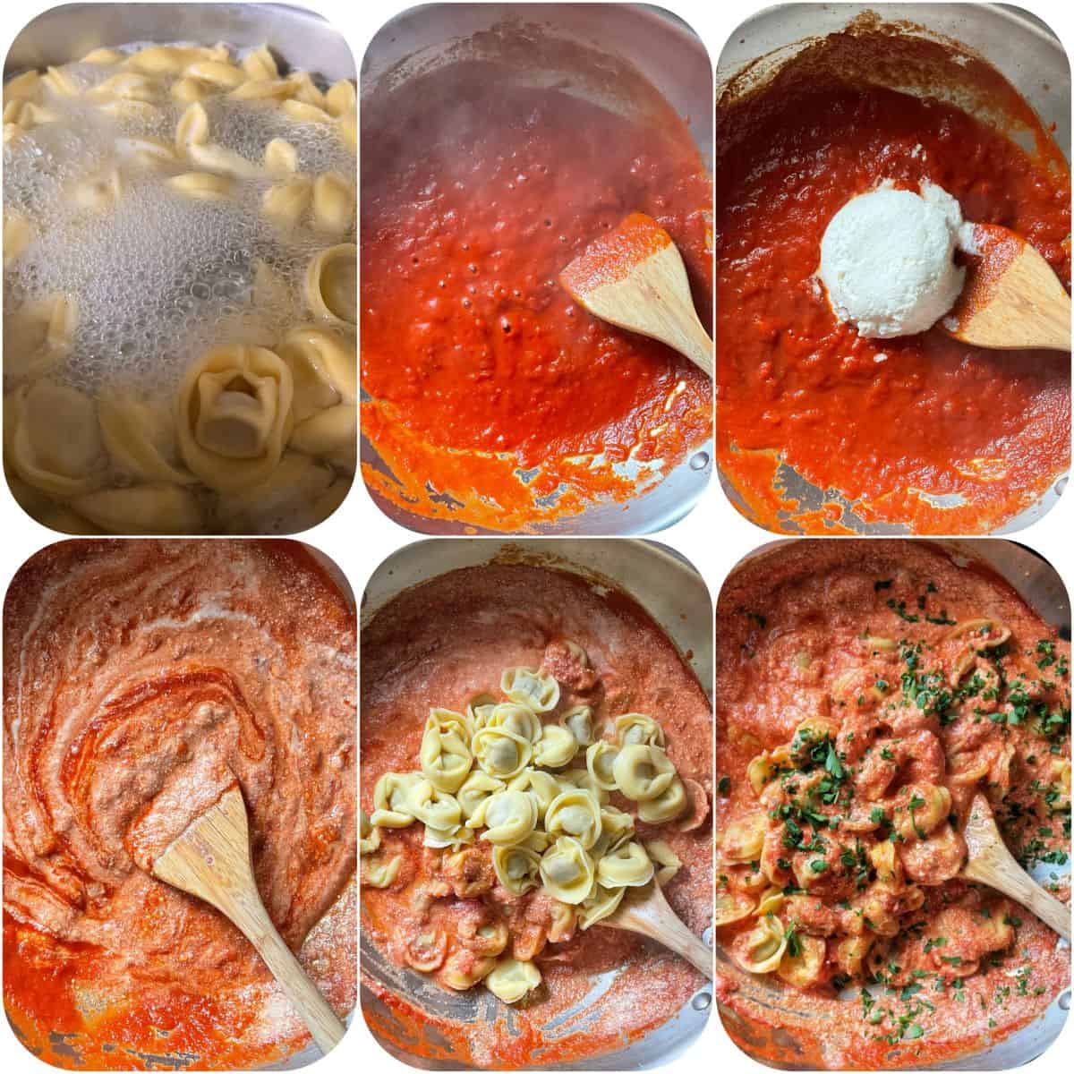 Step-by-step collage showing how to make an easy tortellini recipe with ricotta tomato sauce.