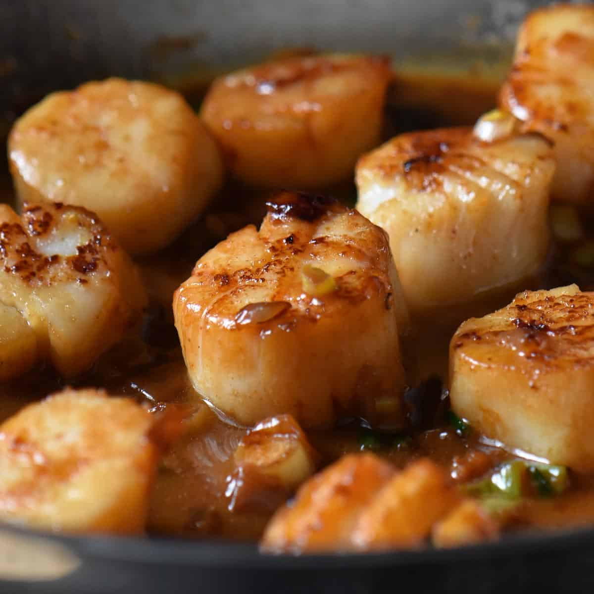 Pan seared scallops basted with the white wine sauce. 