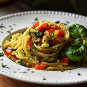 A plate of spaghetti topped with sauteed vegetables in a white plate.