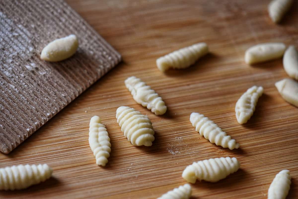 A gnocchi board is used to shape cavatelli.