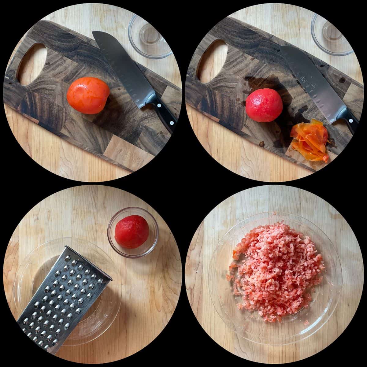 A photo collage of a frozen tomato being grated.