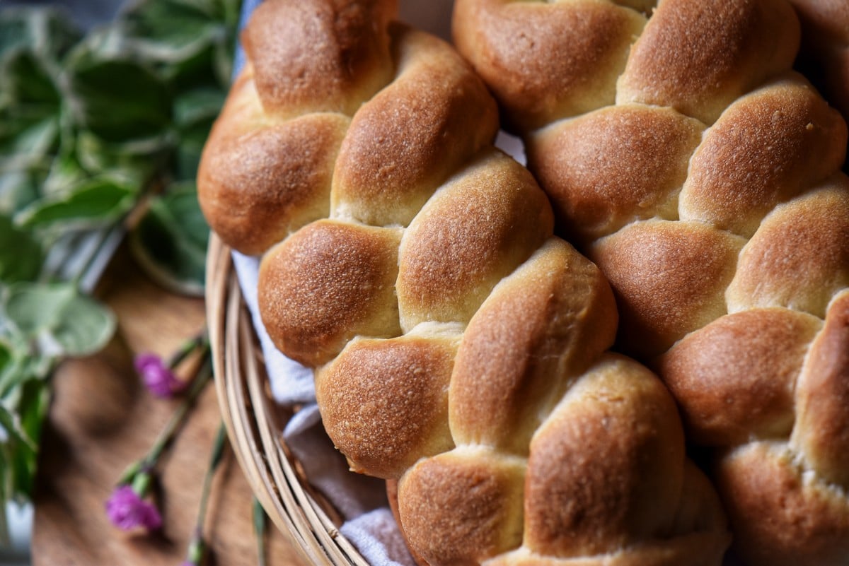 An overhead shot of braided sweet dough.