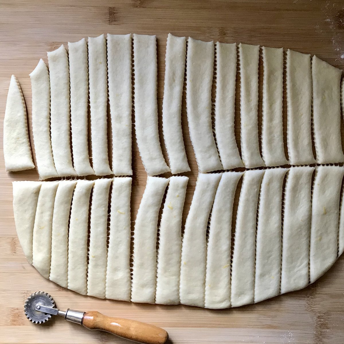 Dough cut into strips.