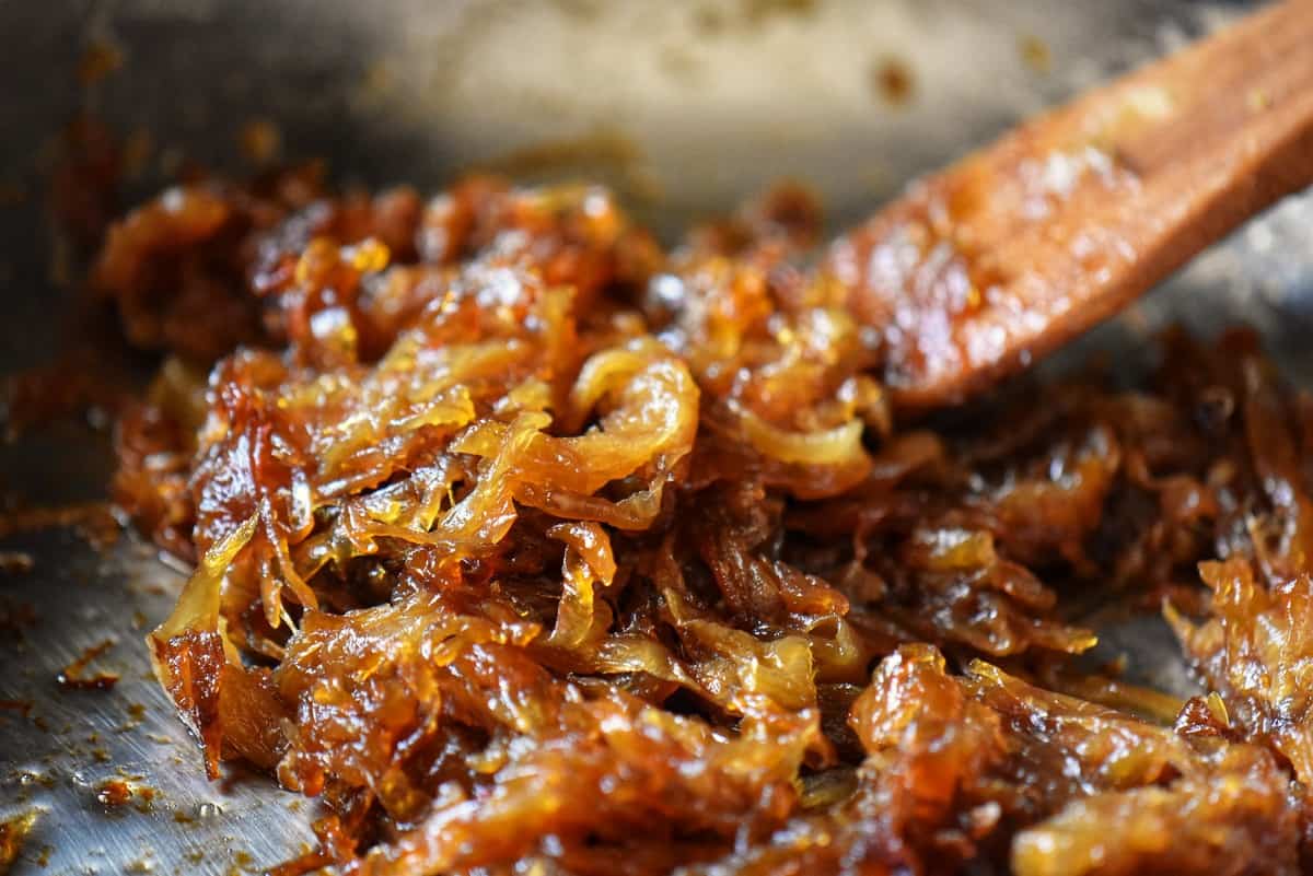 Caramelized onions in a skillet. 