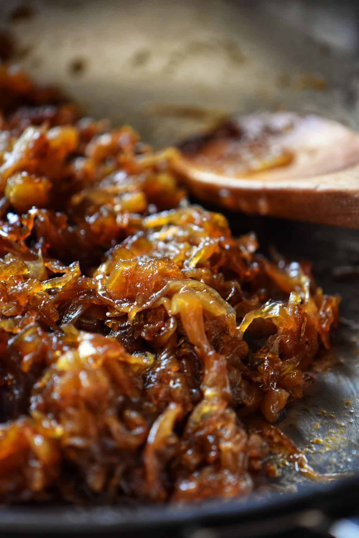 Golden brown caramelized onions in a heavy skillet. 