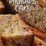 A close up of the tender crumb of rhubarb cake can be seen.
