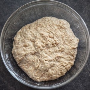 Whole wheat pizza dough in a glass bowl.