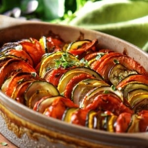 Oven roasted Italian vegetables in a baking dish.