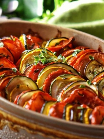 Oven roasted Italian vegetables in a baking dish.