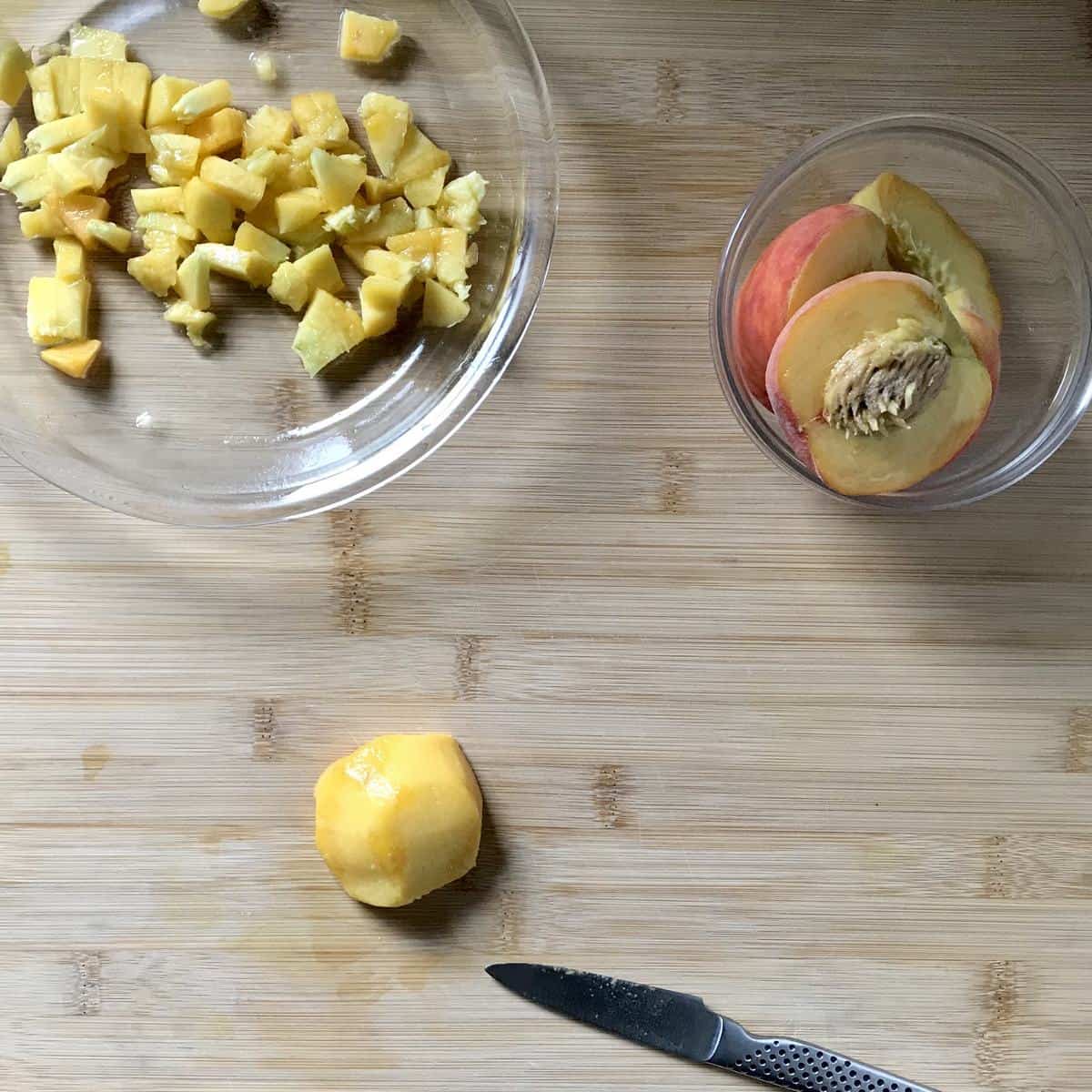 Peaches in the process of being diced.