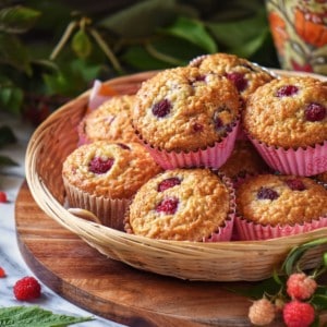 Raspberry muffins in a wicker basket.