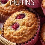 Raspberry Muffins on a wicker basket.