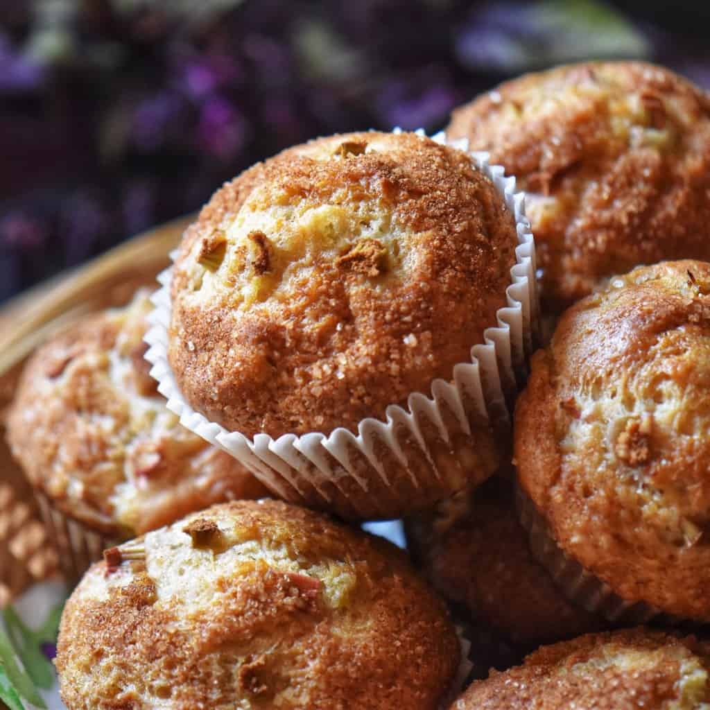 A pile of rhubarb muffins.