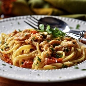 Spaghetti with tuna, garnished with cheese and Italian parsley in a white dish.