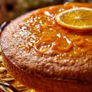 A glazed orange juice cake garnished with one slice of orange.