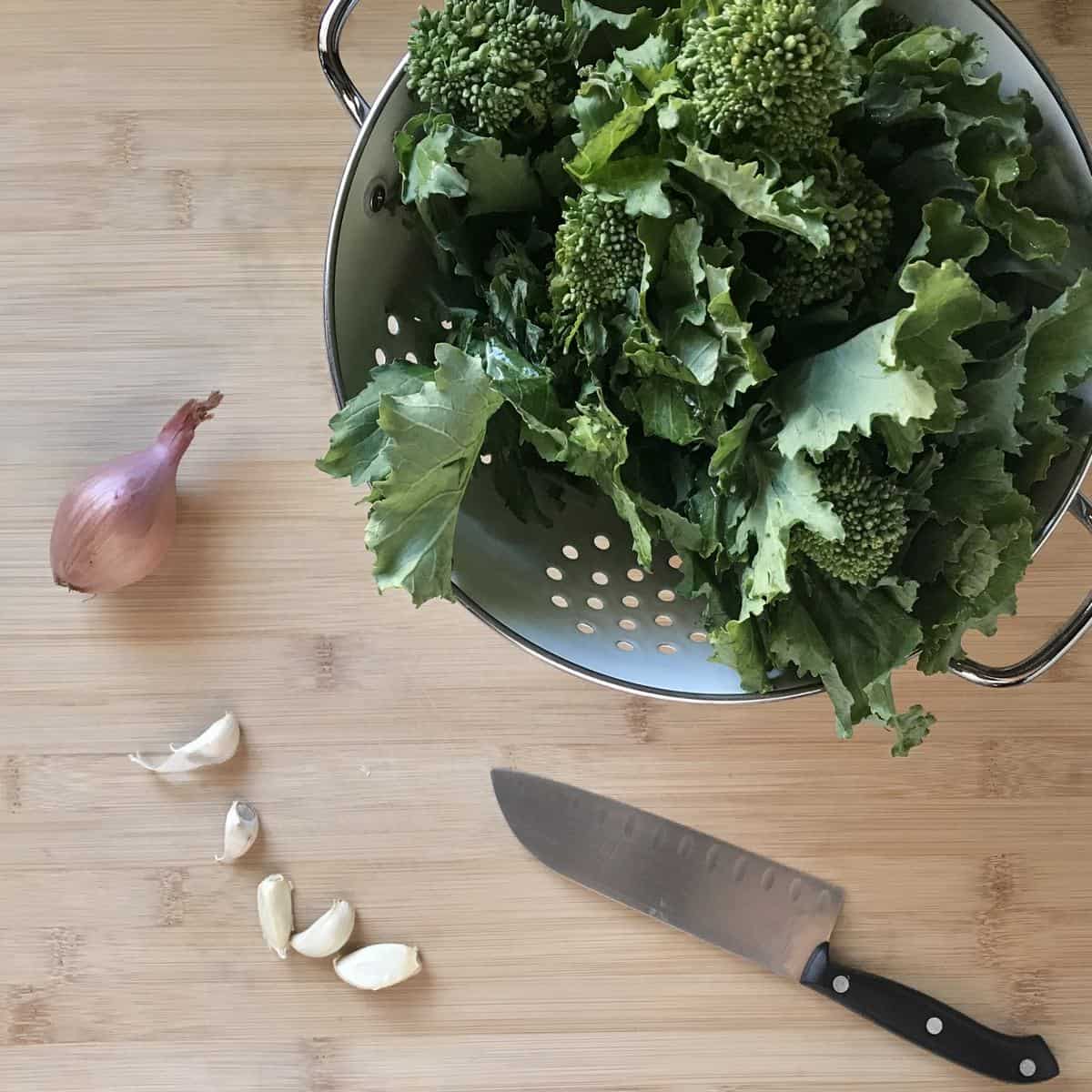 Broccoli rabe, onion and garlic on a cutting board.