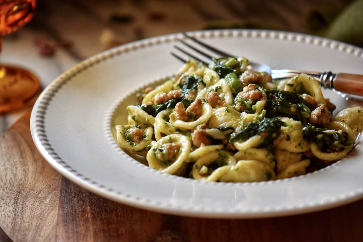 A bowl of orecchiette pasta.