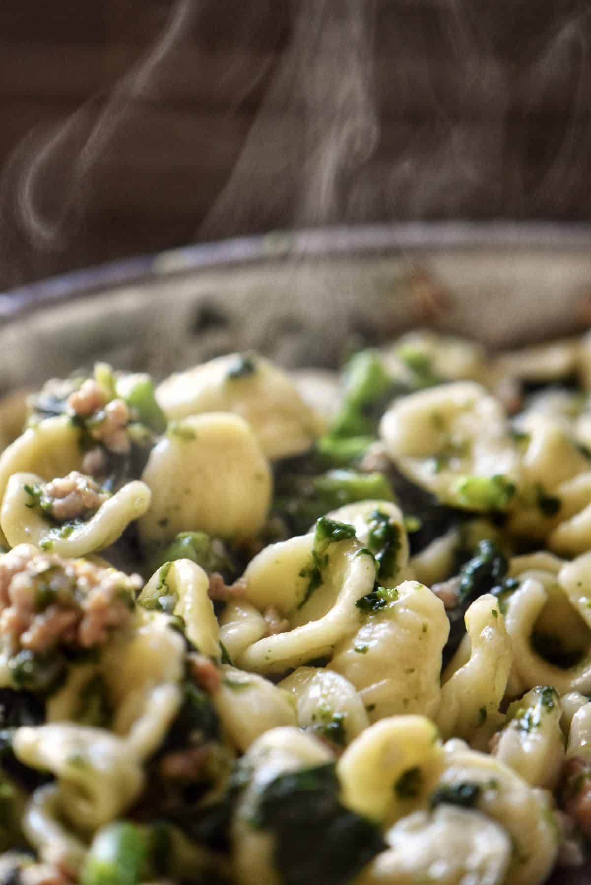 Orecchiette pasta recipe in a saucepan.