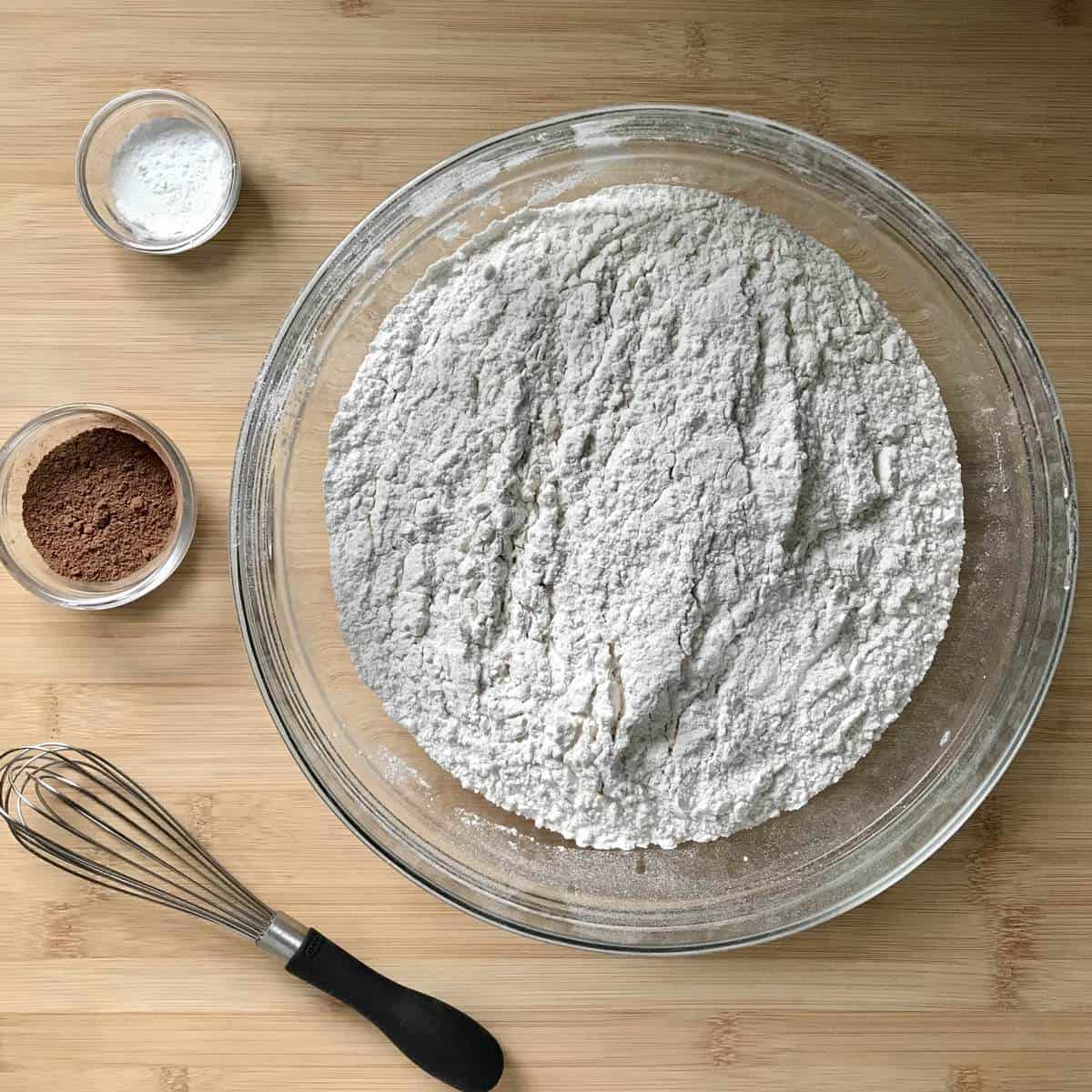 Dry ingredients to make biscotti cookies about to be whisked together. 