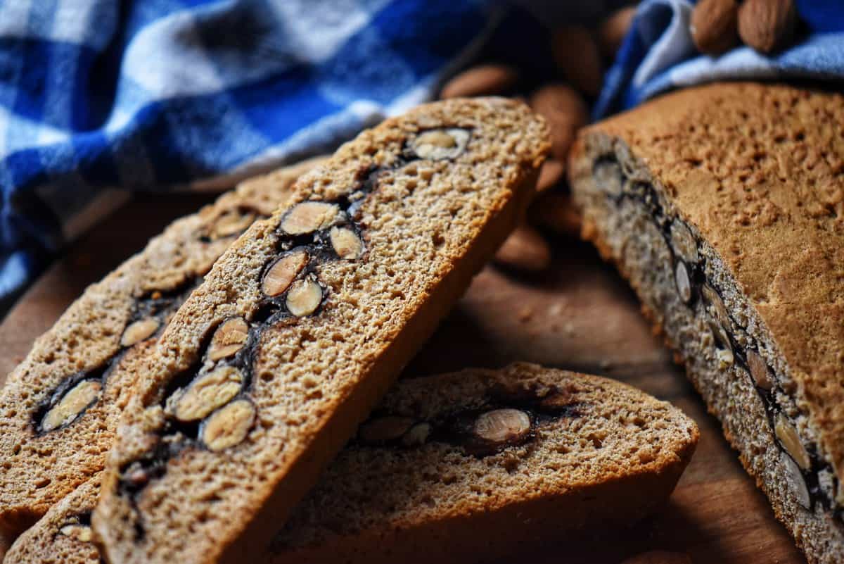 Sliced biscotti with chocolate almond filling. 