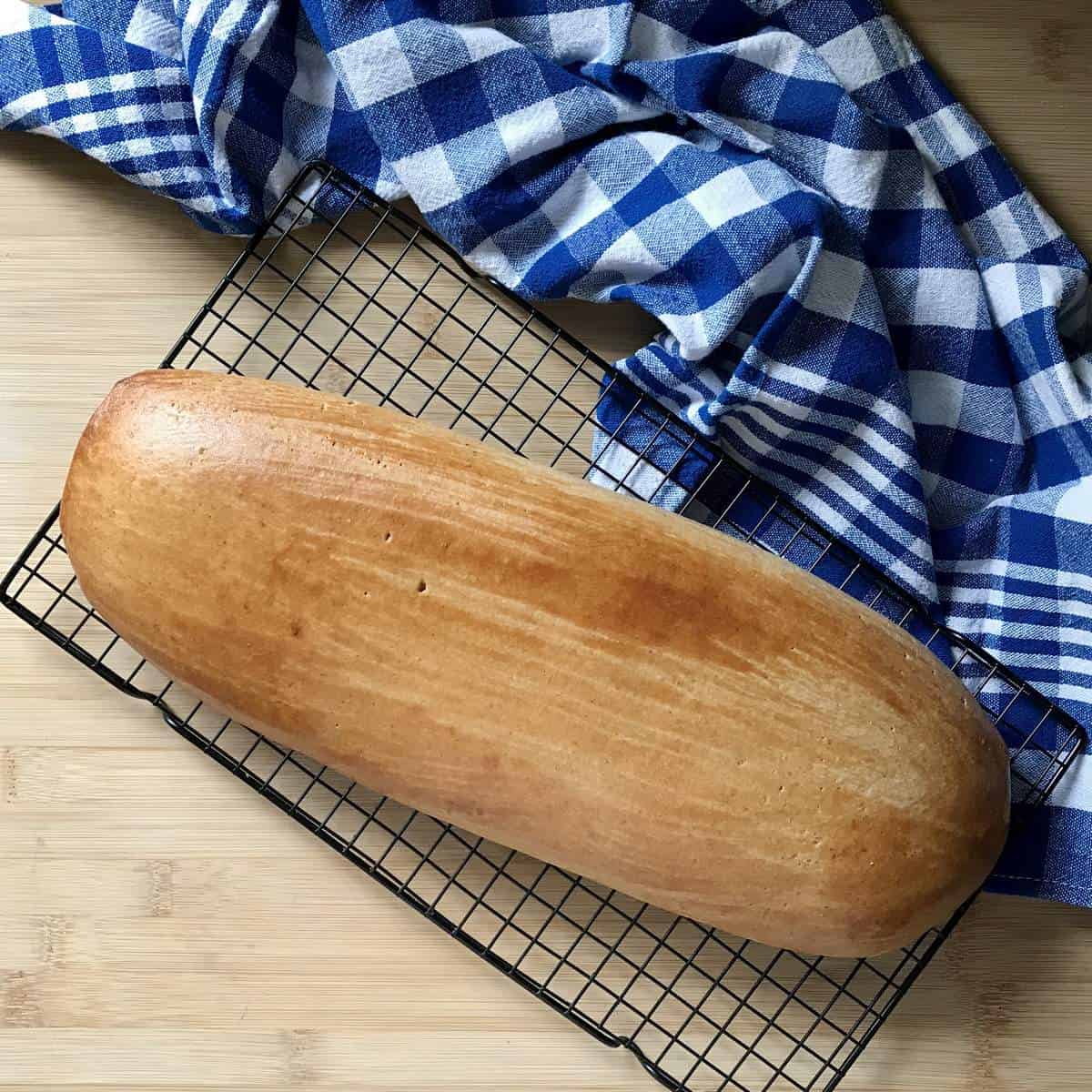 A biscotti log cooling on a cookie rack.