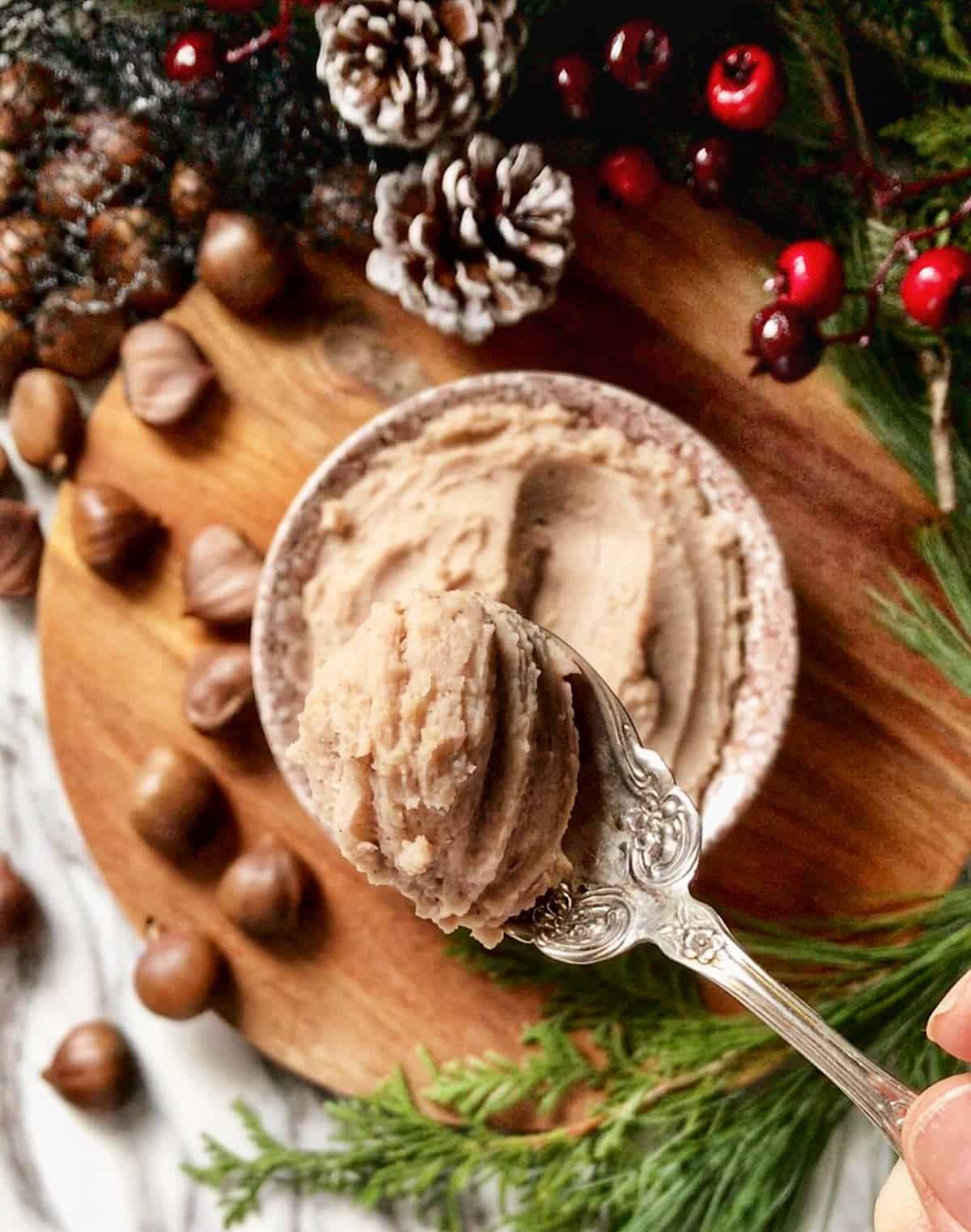 A close up photo of a spoonful of pureed chestnuts. 