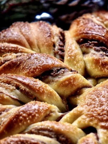 A close up photo of the chocolate chestnut filling of a star bread.