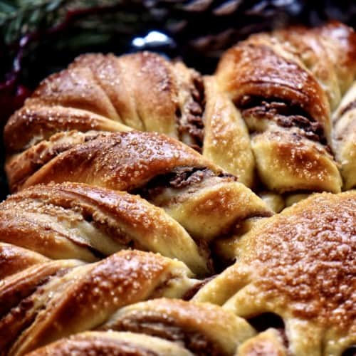 A close up photo of the chocolate chestnut filling of a star bread.