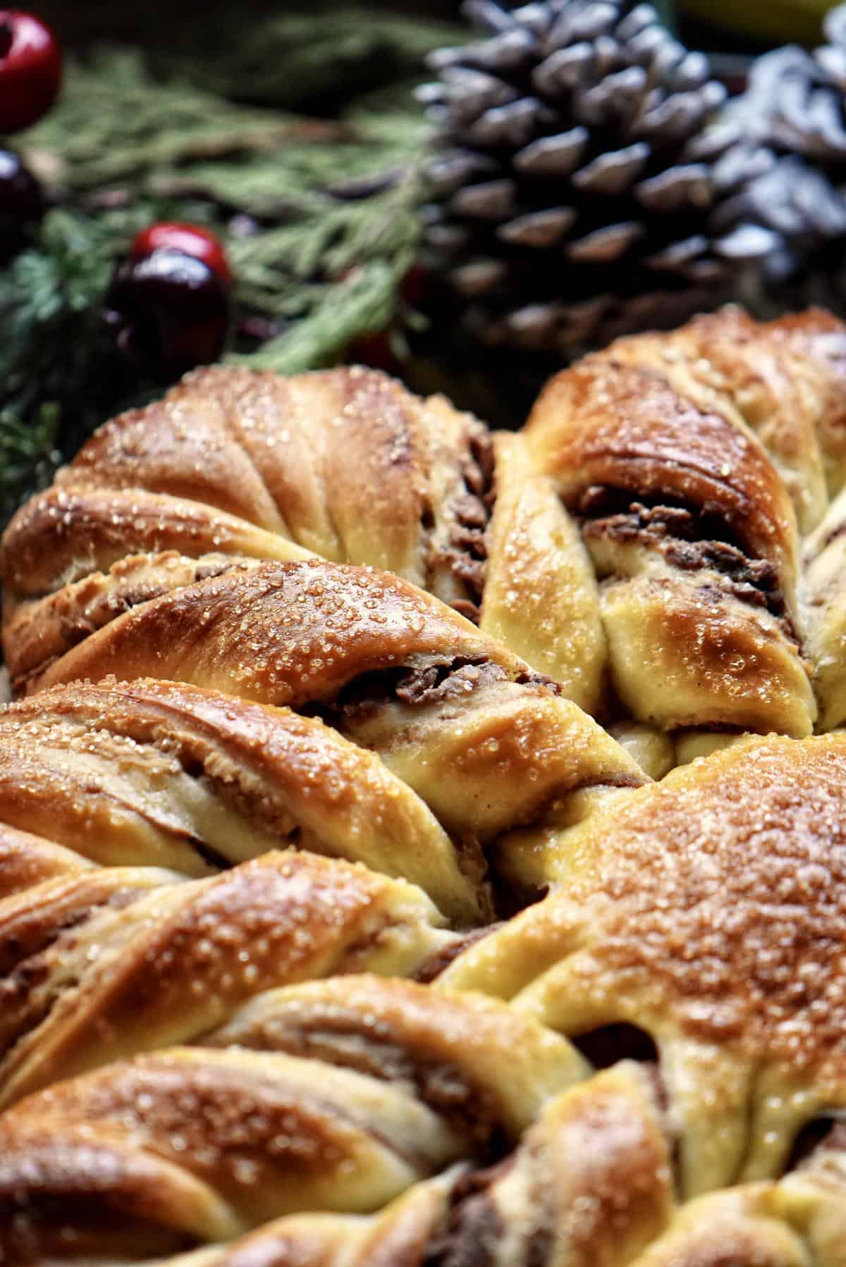 A close up photo of the chocolate chestnut filling of a star bread.