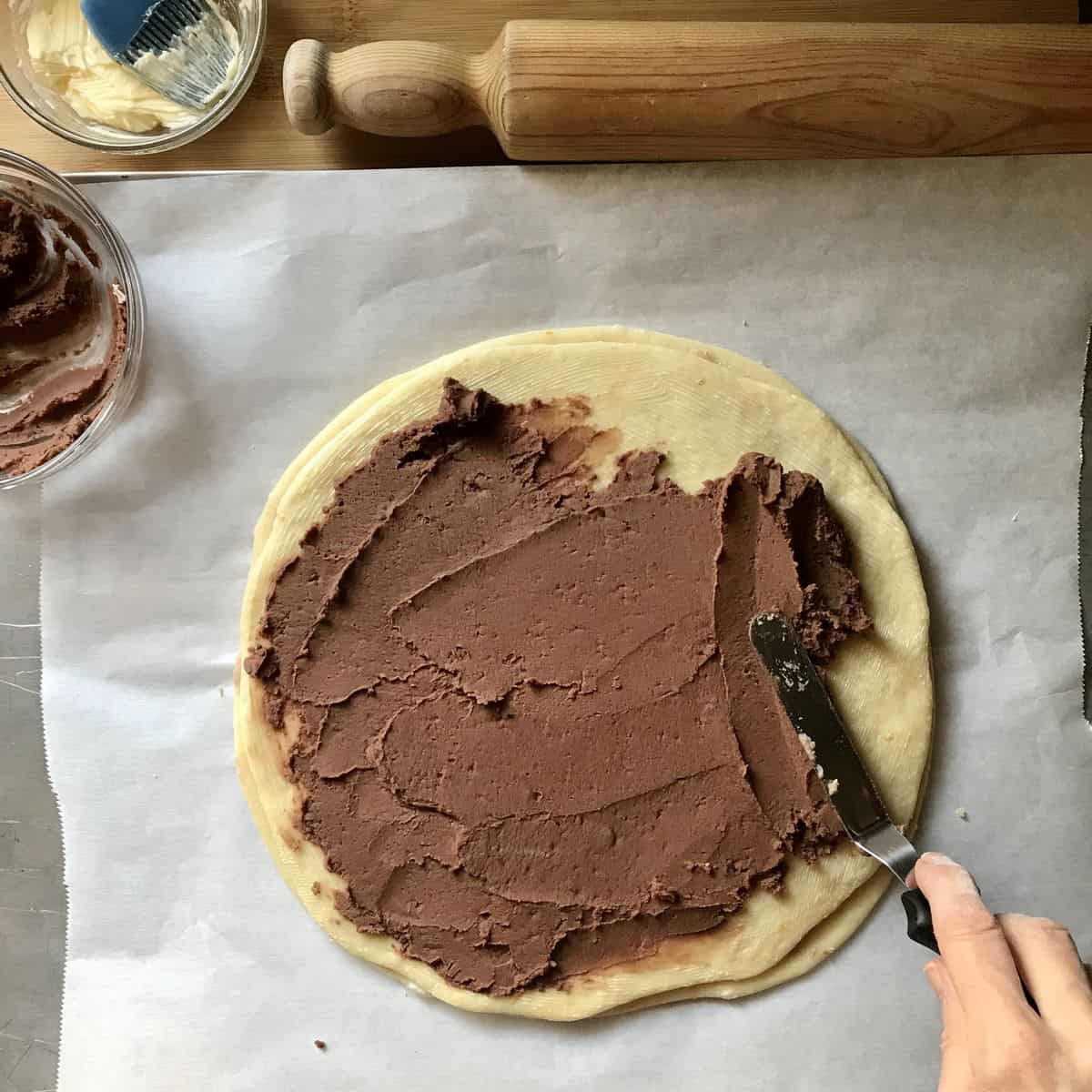 Chocolate chestnut spread on a yeast bread.