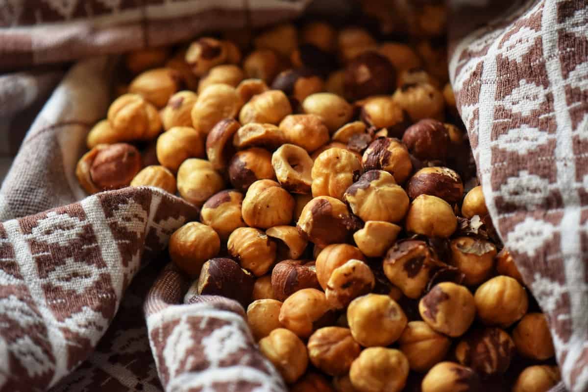 Roasted hazelnuts in a tea towel.