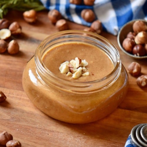 Hazelnut butter in a mason jar.