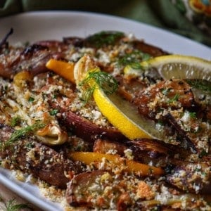 Potato Fennel Gratin in a white serving platter.