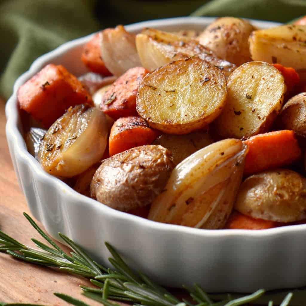Oven roasted small potatoes and carrots in a white dish.