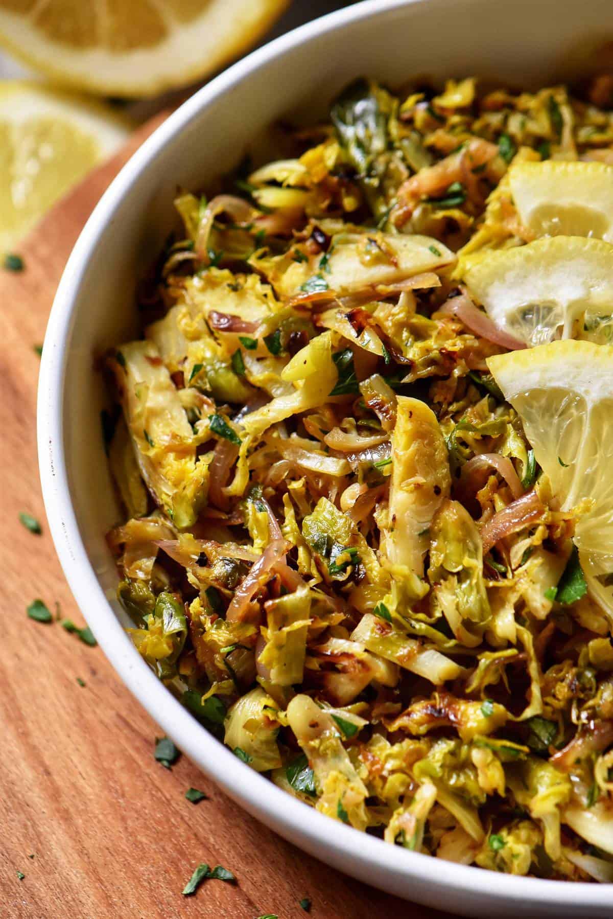 A close up of the shaved Brussels sprouts.