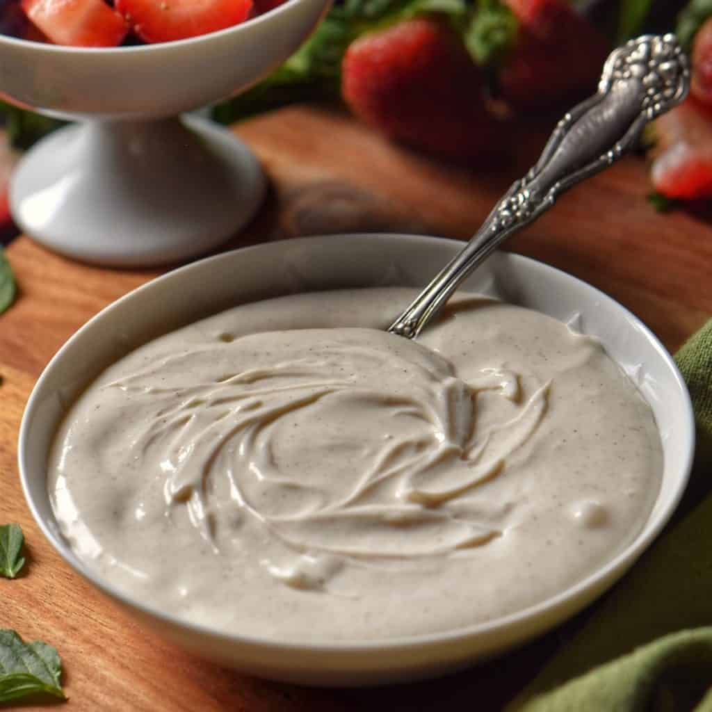 Sweet whipped ricotta in a white bowl.