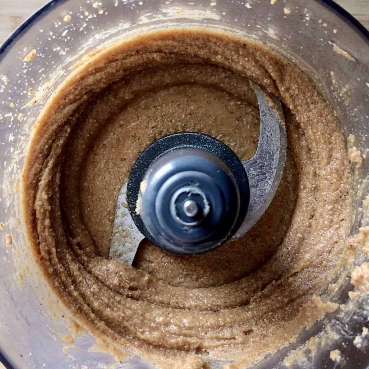 Homemade nut butter in a food processor.