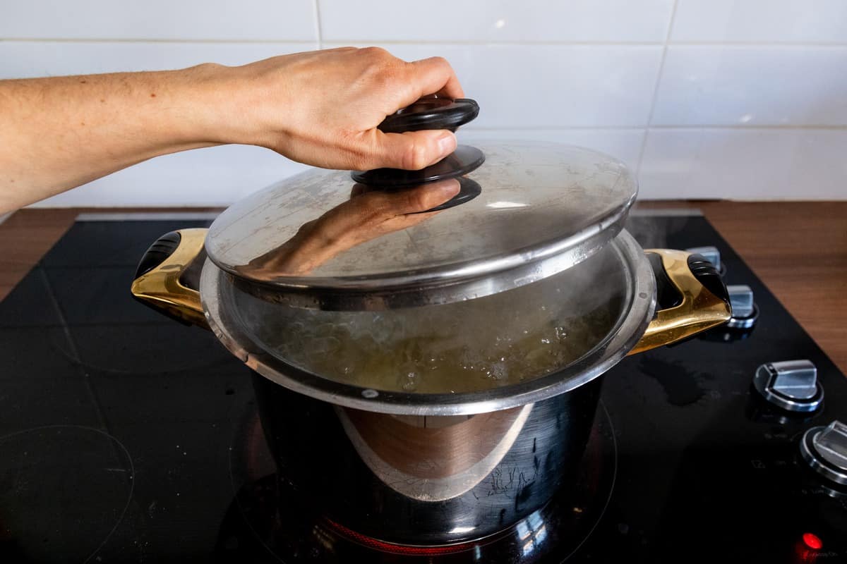 A lid covering a pot of water.