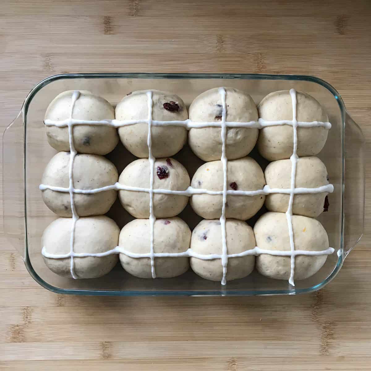 Hot cross buns with a white flour cross. 