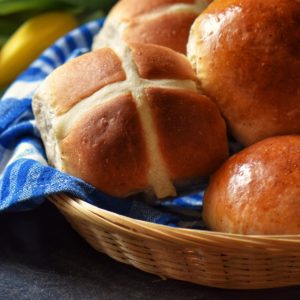 Hot cross buns in a basket.