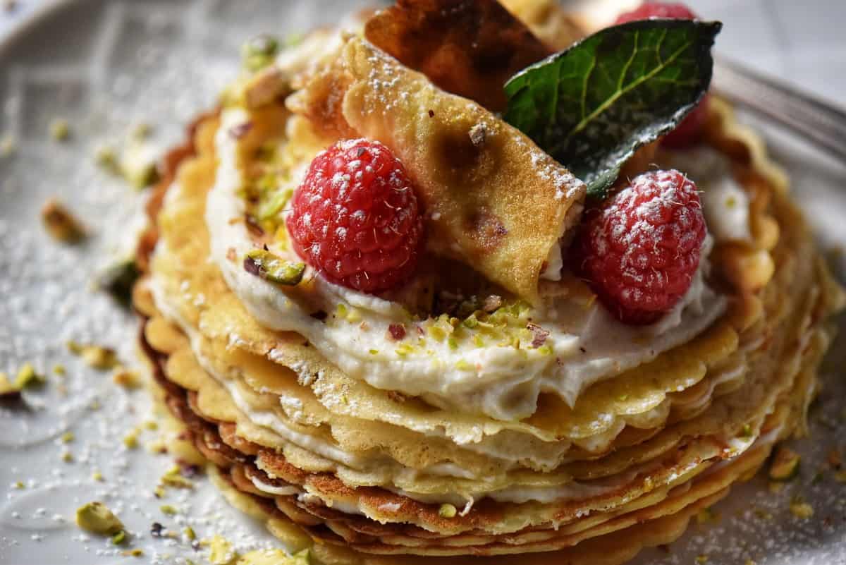 A close up photo of a crepe cake.