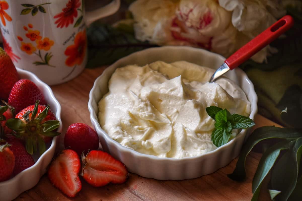 A bowl of ricotta cheese.