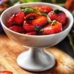 Balsamic Glazed Strawberries in a white bowl.