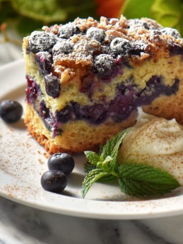 A slice of blueberry cake on a white plate.