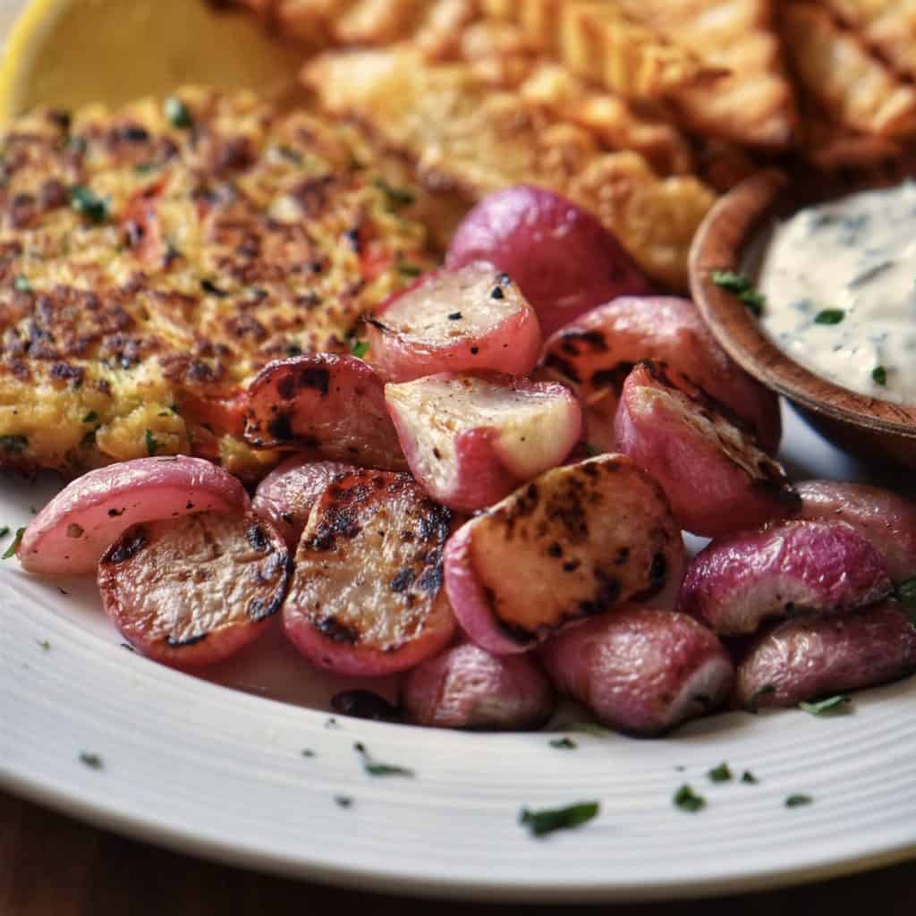 Roasted radishes next to tuna patties on a white plate.