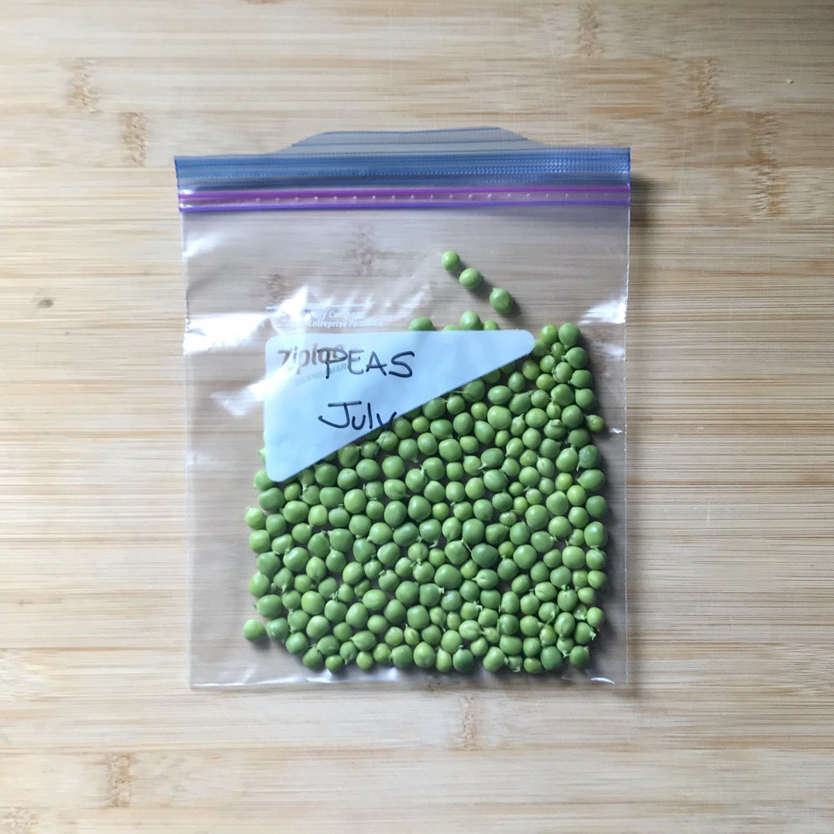 Fresh peas in a Ziploc bag. 