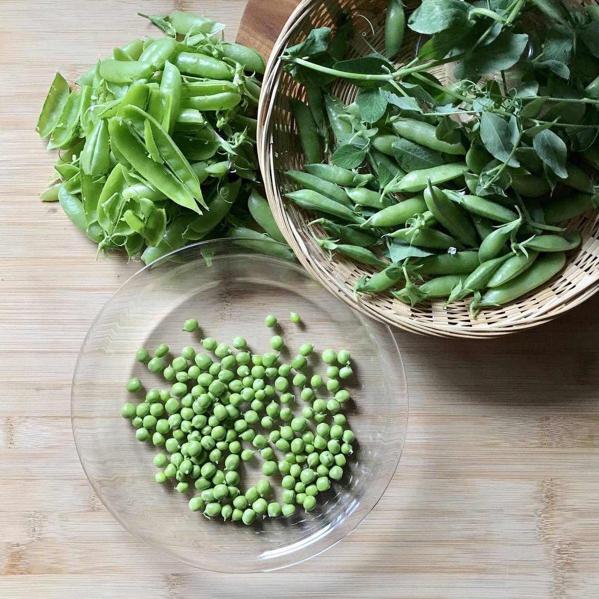 Peas in the process of being shelled.