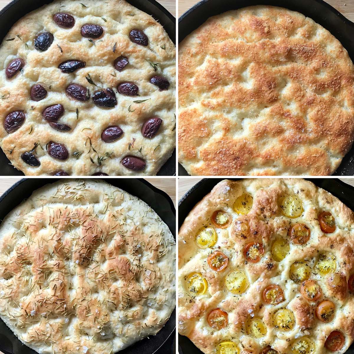 A photo collage of olive, parmesan, rosemary and cherry tomato focaccia.